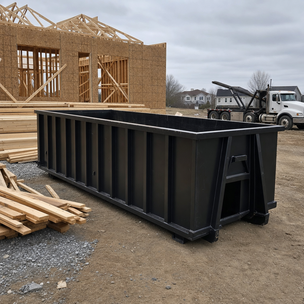Matte-black 40-yard roll-off dumpster staged on a framed-out residential construction site in Salinas, framing lumber stacked nearby, hooklift delivery truck visible in the background under bright Colorado daylight