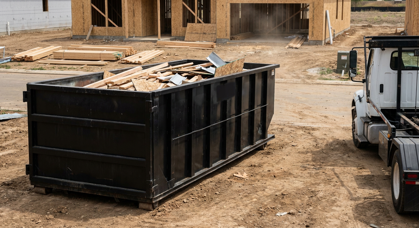 Matte-black 20-yard roll-off construction dumpster with heavy ribbed steel sidewalls and swing rear doors at a working jobsite in Salinas, sitting directly on compacted dirt with an unmarked white hauler partially visible at the far edge of the frame.
