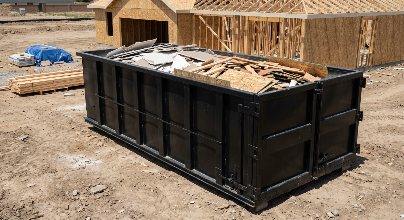 Matte-black 30-yard roll-off construction dumpster sitting directly on the compacted-dirt site of a framed single-family home build in Salinas, drywall and lumber scrap loaded inside.