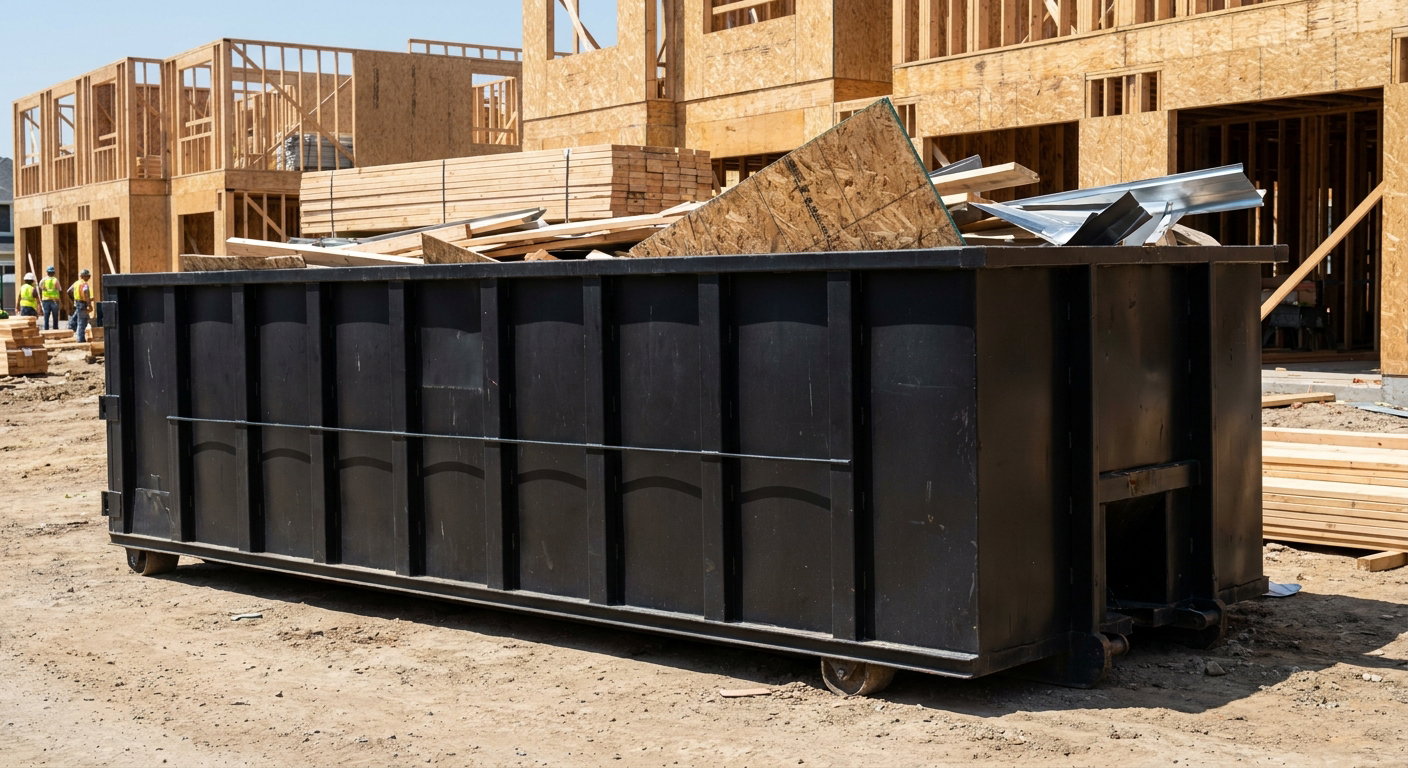 Matte-black 40-yard roll-off construction dumpster being lowered from a white-cab hooklift delivery truck onto the compacted-dirt jobsite at a commercial build site in Salinas