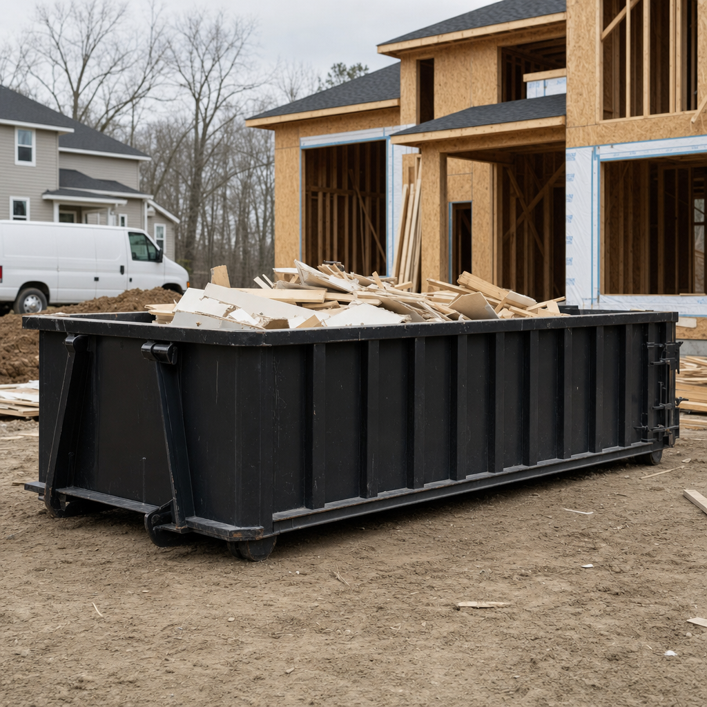 Worker in a yellow high-visibility vest tossing framing lumber and broken drywall into a matte-black 30-yard construction roll-off dumpster on an active build site in Salinas, bright daylight