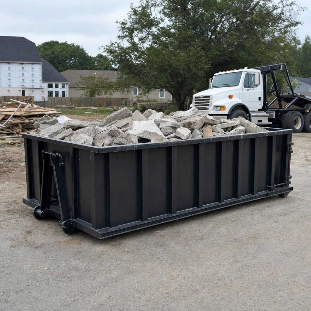 Low-profile matte-black lowboy roll-off dumpster loaded with broken concrete slab and rebar at a foundation tear-out in Salinas, skid steer parked beside it, sunny Colorado morning