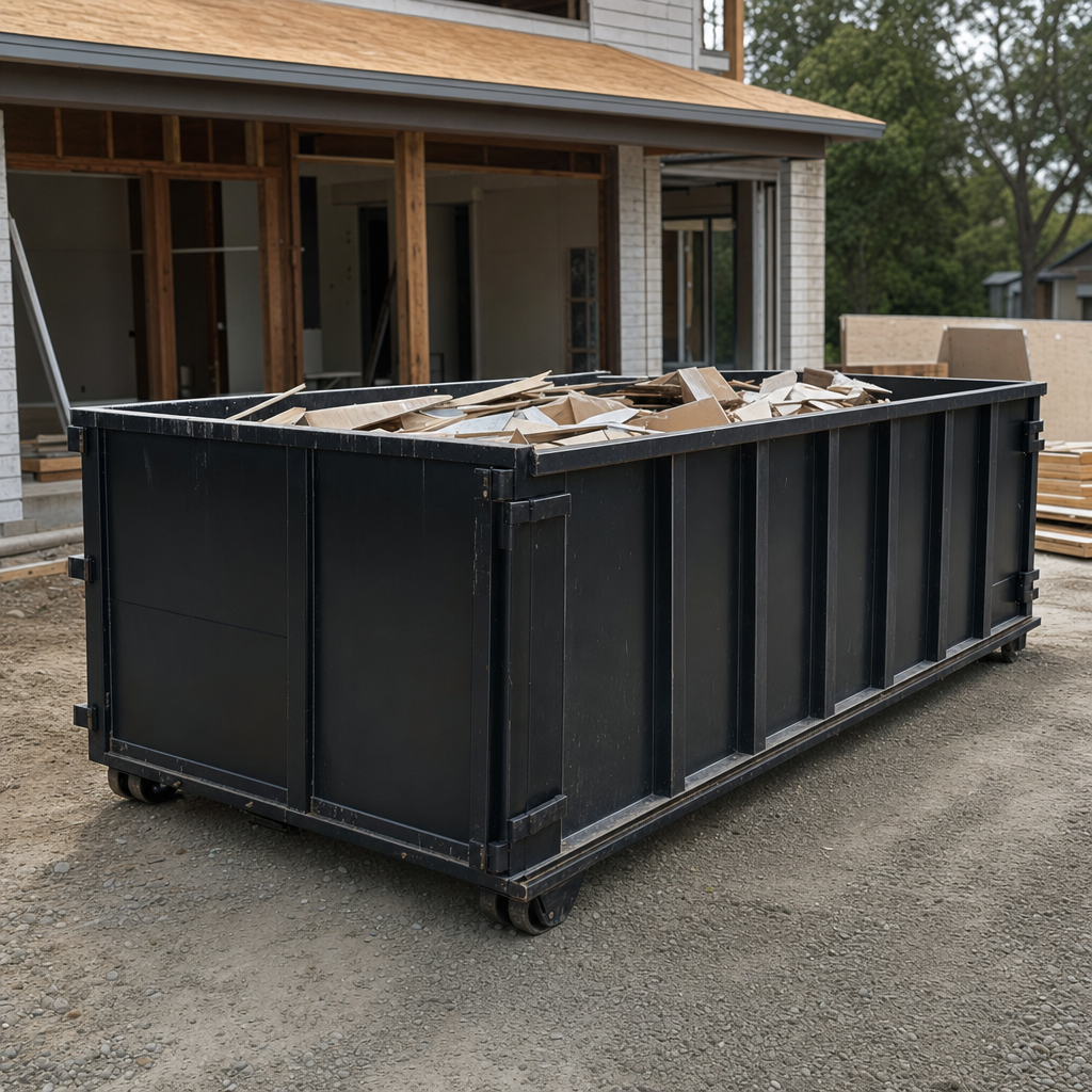 Large matte-black 30-yard construction roll-off dumpster at an active Salinas jobsite, steel-gray top rails and bottom rollers visible, loaded with construction debris.