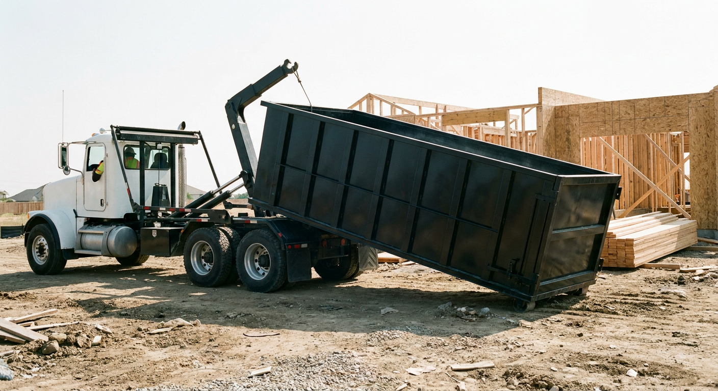 Matte-black roll-off dumpster being delivered onto a clean residential concrete driveway in Salinas by an unmarked white hooklift hauler truck, bright morning daylight, documentary 35mm perspective.