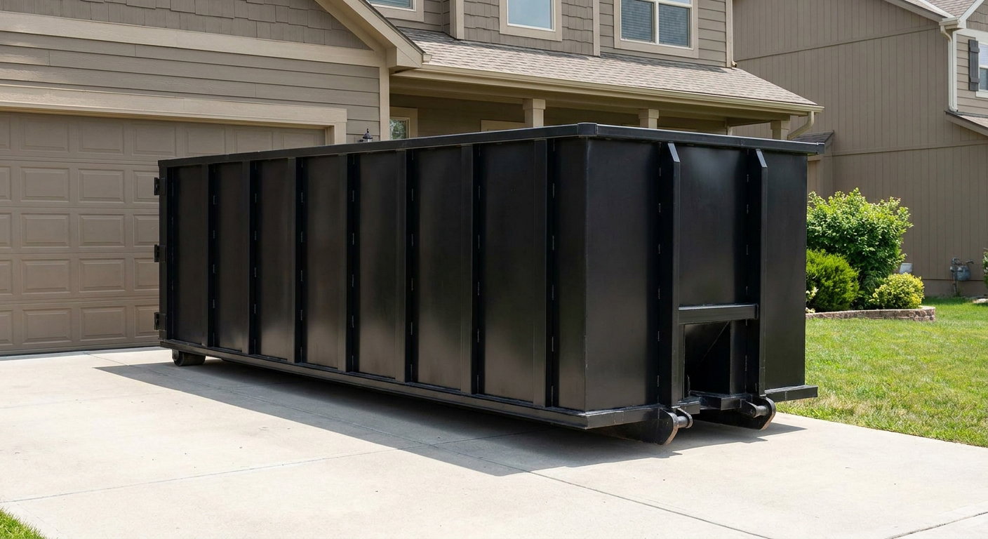 Matte-black residential roll-off dumpster sitting directly on a suburban Salinas concrete driveway, garage door closed, single-family home in background, bright morning daylight.