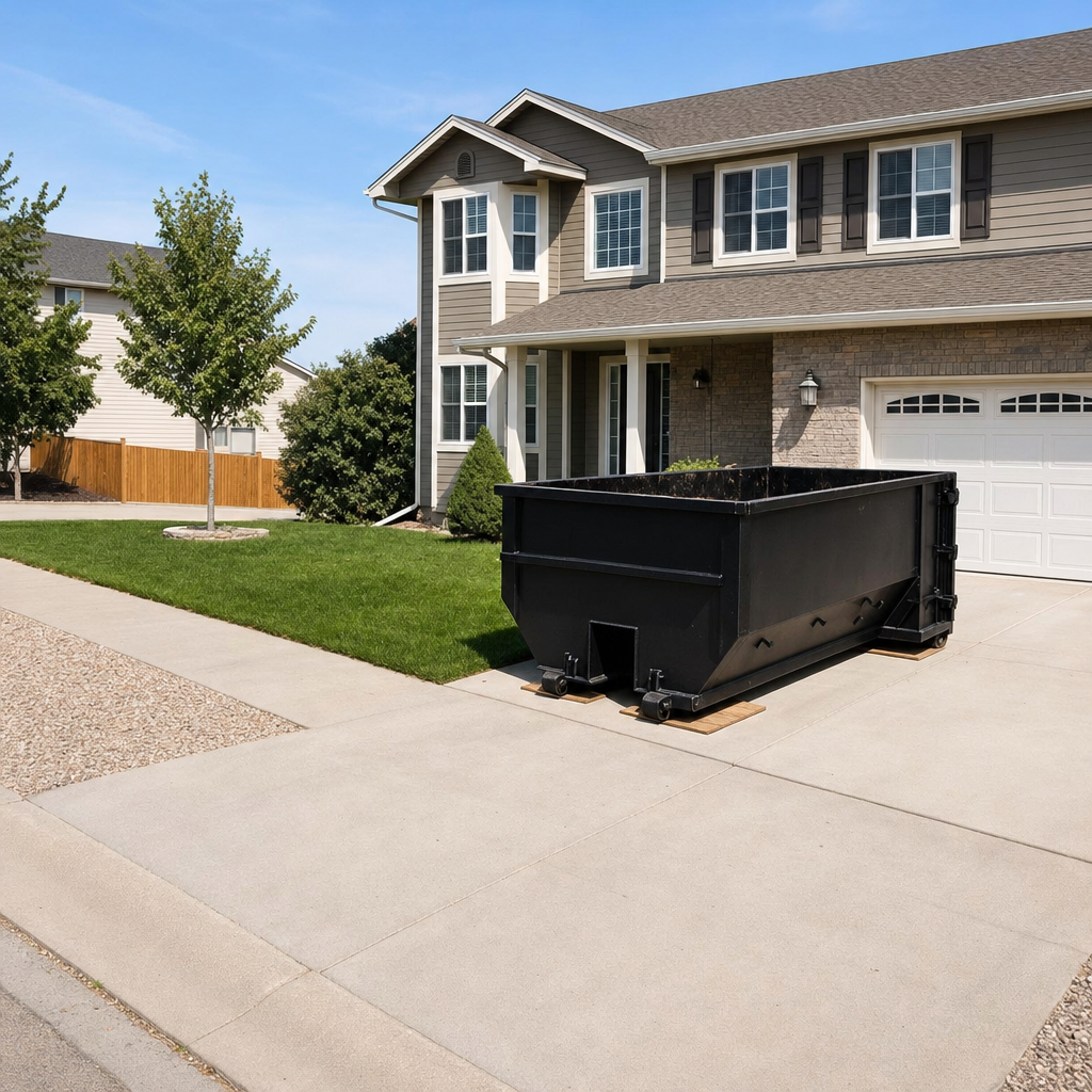 10-yard matte-black residential dumpster placed directly on a narrow Salinas concrete driveway, room remains for a parked sedan beside it, mid-morning natural light