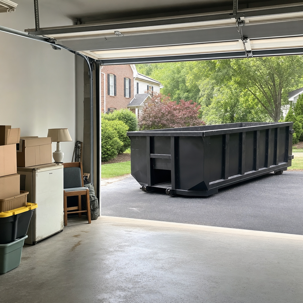 Open garage interior in a Salinas home mid-cleanout — boxed items, an old appliance, and stacked yard tools queued near the driveway for a matte-black roll-off dumpster, organized and calm