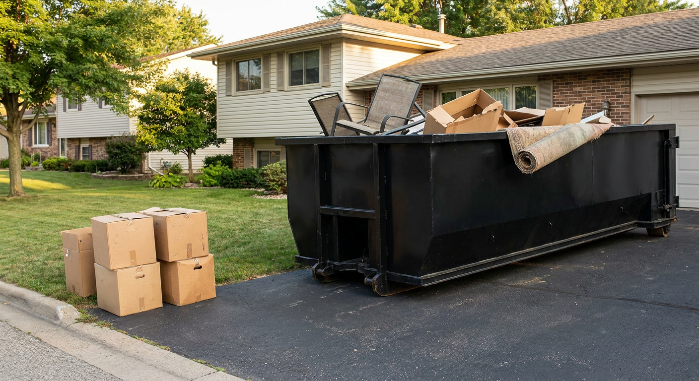 Front-yard view of a Salinas split-level home with a 20-yard matte-black roll-off dumpster sitting directly on the asphalt driveway, a few clearly labeled donation boxes staged at the curb, calm sunny afternoon.