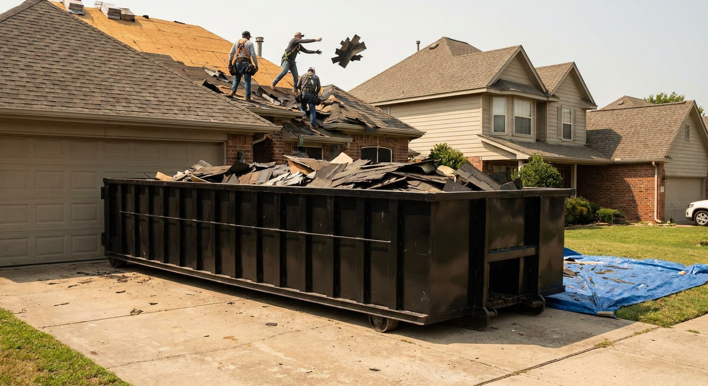Matte-black roofing roll-off dumpster placed directly on a Salinas residential concrete driveway, a tear-off crew on a two-story asphalt-shingle roof tossing shingle bundles into the low-walled container, bright daylight, documentary 35mm perspective.