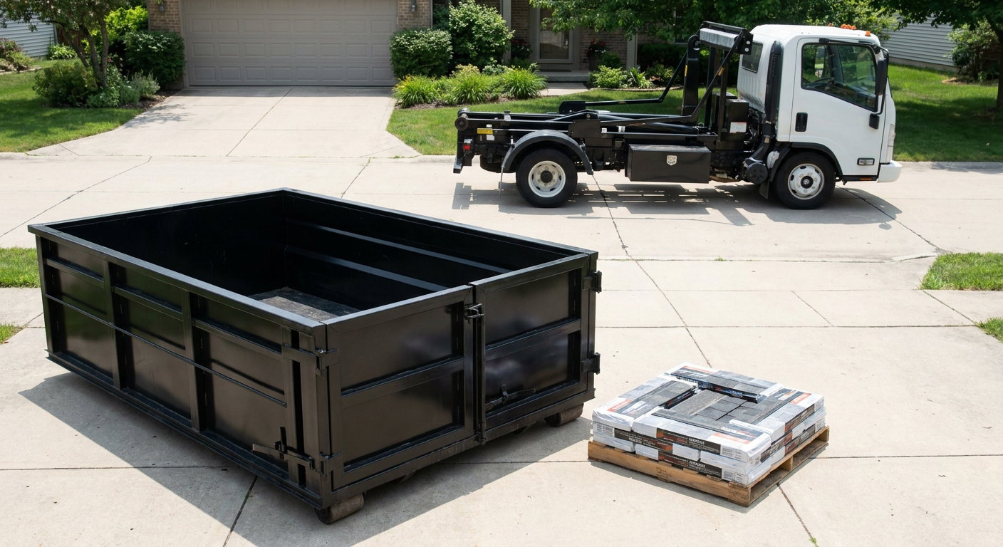 Matte-black 15-yard roofing roll-off dumpster with reinforced low side walls sitting directly on a Salinas residential concrete driveway, three-tab asphalt shingle bundles stacked nearby, an unmarked white hauler truck partially visible at the edge of the frame.