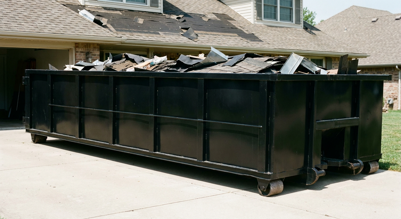 Matte-black 20-yard roofing roll-off dumpster with steel ribbed sides and swinging rear door, sitting directly on the concrete driveway of a two-story Salinas home, asphalt shingle debris being loaded over the low wall, clean documentary lighting.