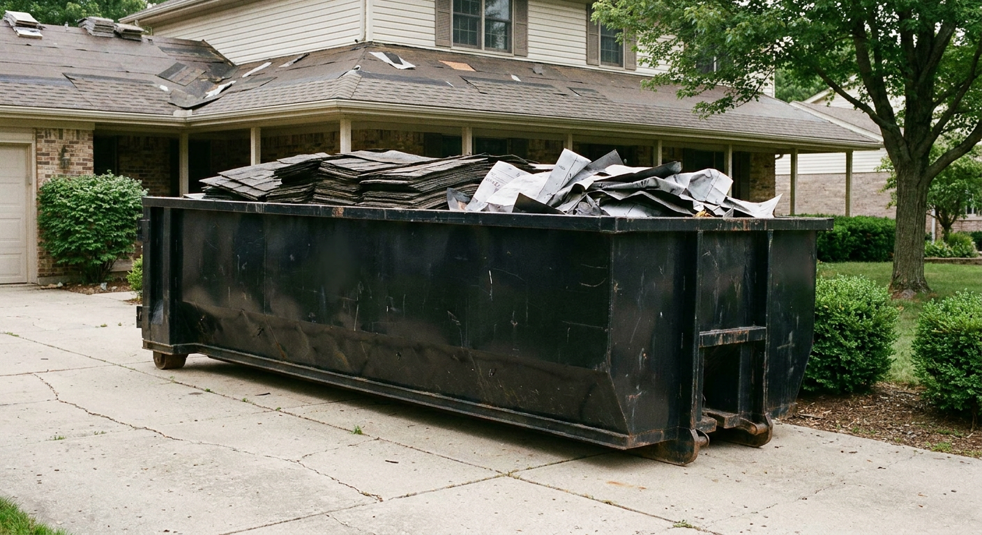 Matte-black 30-yard roofing roll-off dumpster sitting directly on a Salinas concrete driveway, taller ribbed steel side panels, mixed tear-off debris of asphalt shingles and underlayment inside, professional documentary daylight.