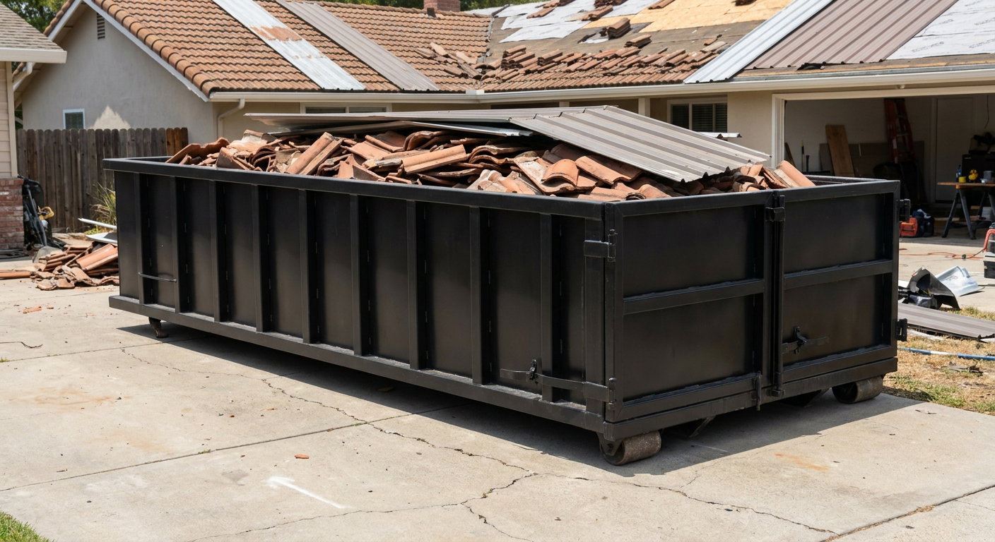 Matte-black low-wall heavy-debris roofing roll-off dumpster sitting directly on a Salinas concrete driveway, broken concrete clay roof tiles and metal panel sections loaded inside, reinforced ribbed steel side walls visible, bright outdoor daylight.