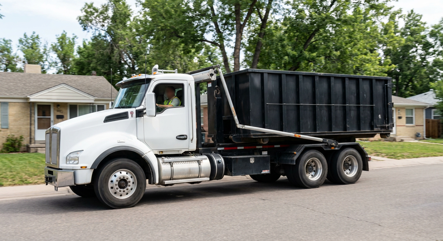 A wide documentary shot of a matte-black roll-off delivery truck pulling onto a quiet Salinas residential street at mid-morning, with neighborhood rooftops and tree-lined blocks visible behind, showing the metro coverage footprint.