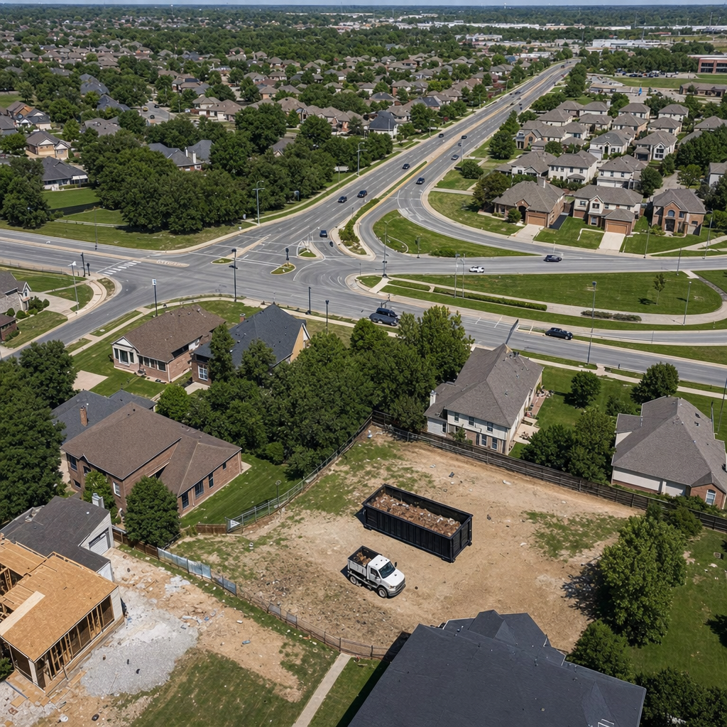 An overhead documentary view of the Salinas metro area at midday, showing the spread of neighborhoods, arterial roads, and the dispatch radius from a central yard — clean daylight, organized geographic layout.