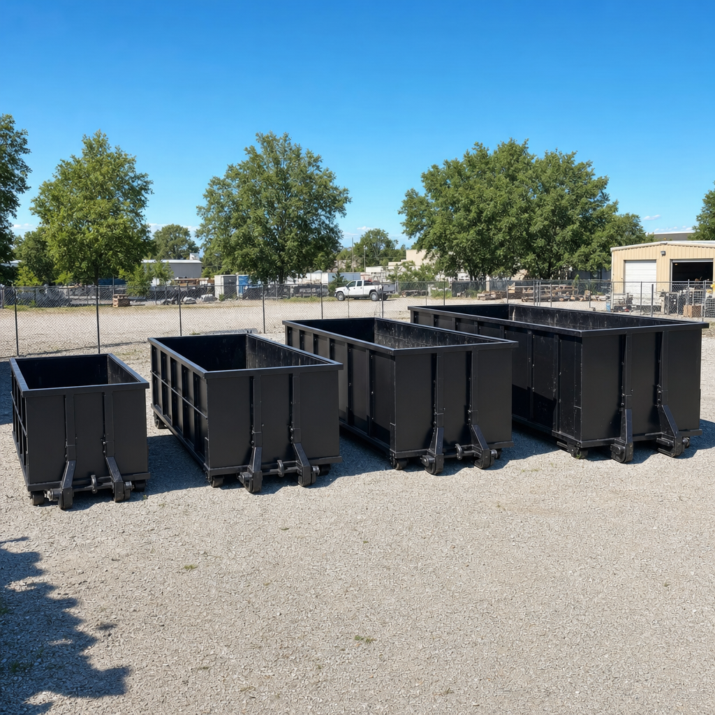 A clean lineup of matte-black roll-off dumpsters in 10, 20, 30, and 40-yard sizes staged on a sunlit gravel yard in Salinas, showing the size progression from compact to commercial-scale containers.