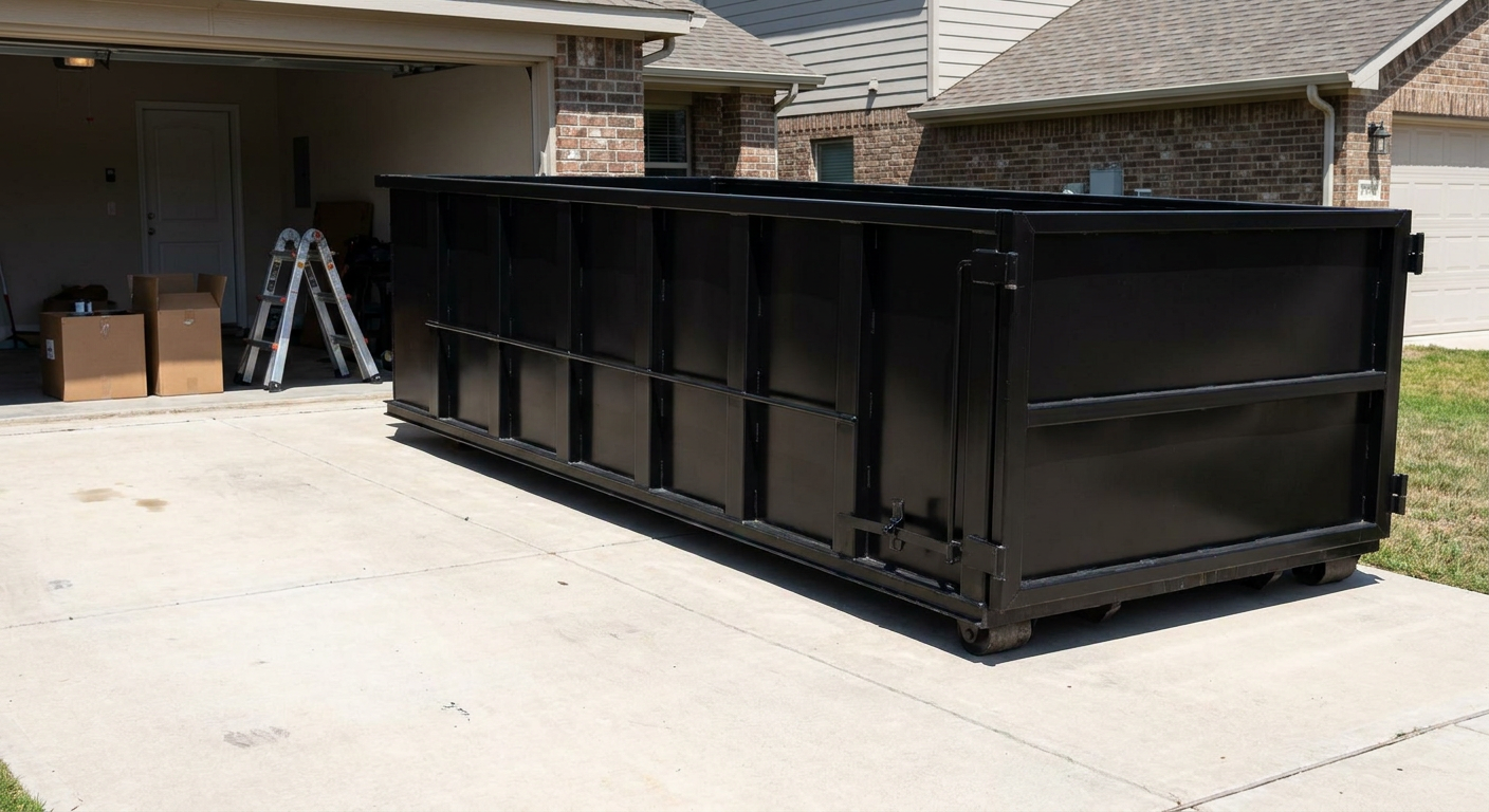A matte-black 10-yard roll-off dumpster sitting directly on a residential Salinas concrete driveway, mid-day sunlight, clean and ready for a garage cleanout.