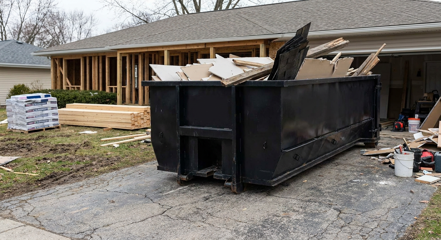 A matte-black 20-yard roll-off dumpster placed alongside a mid-renovation Salinas home directly on the asphalt driveway, with framing materials and torn-off shingles staged neatly nearby.