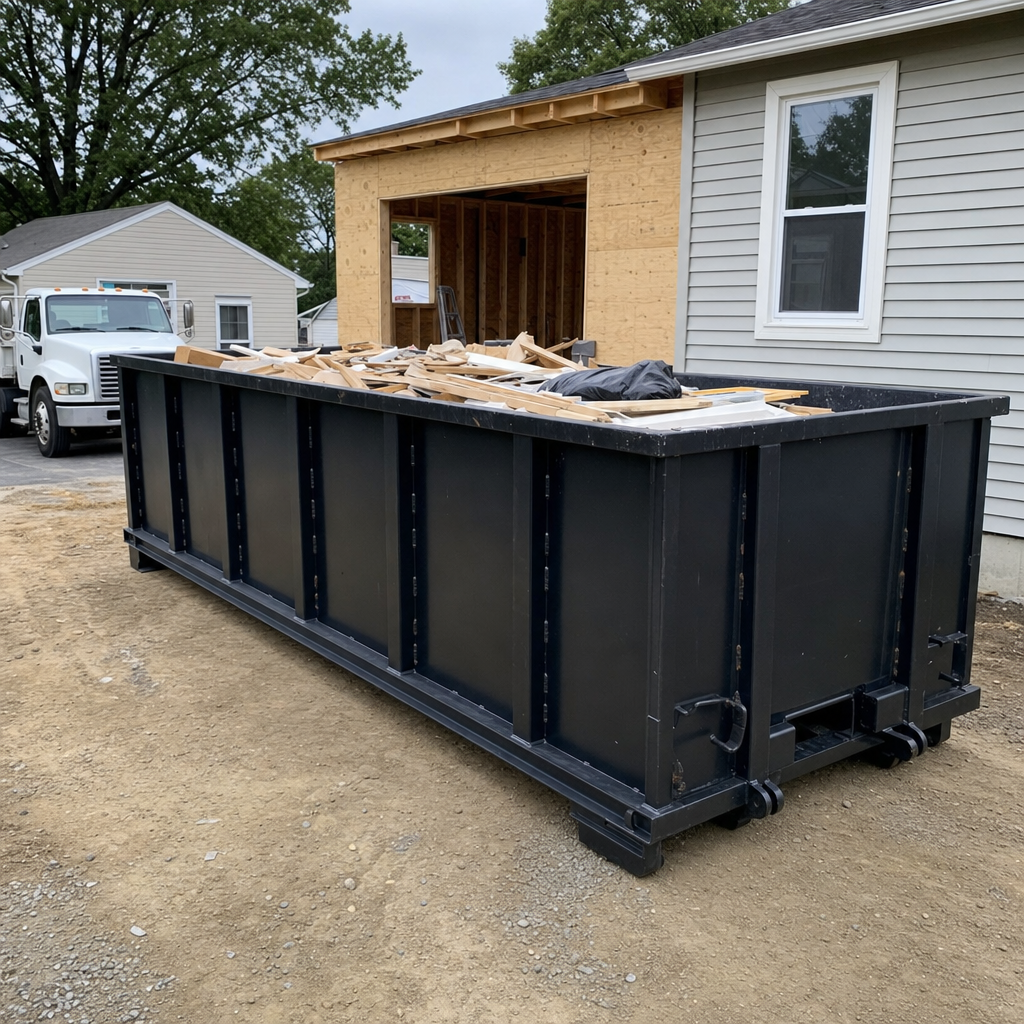 A matte-black 30-yard roll-off dumpster positioned at a Salinas residential addition jobsite, with framing lumber and drywall scraps loaded through the open swinging rear doors.