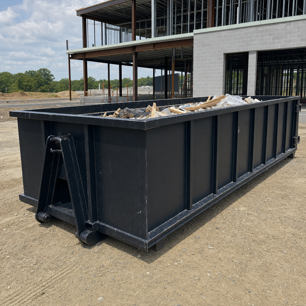 A matte-black 40-yard roll-off dumpster staged on a large Salinas commercial construction lot, with a hooklift delivery truck parked alongside under bright midday sky.