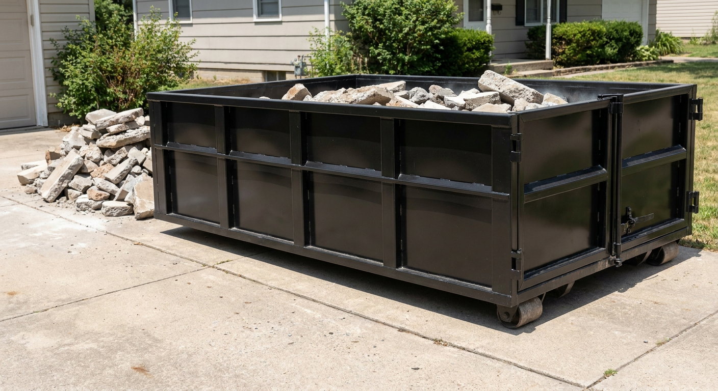A matte-black low-side heavy-debris roll-off dumpster placed directly on a Salinas concrete driveway, with broken concrete chunks neatly stacked beside it under clean daylight.